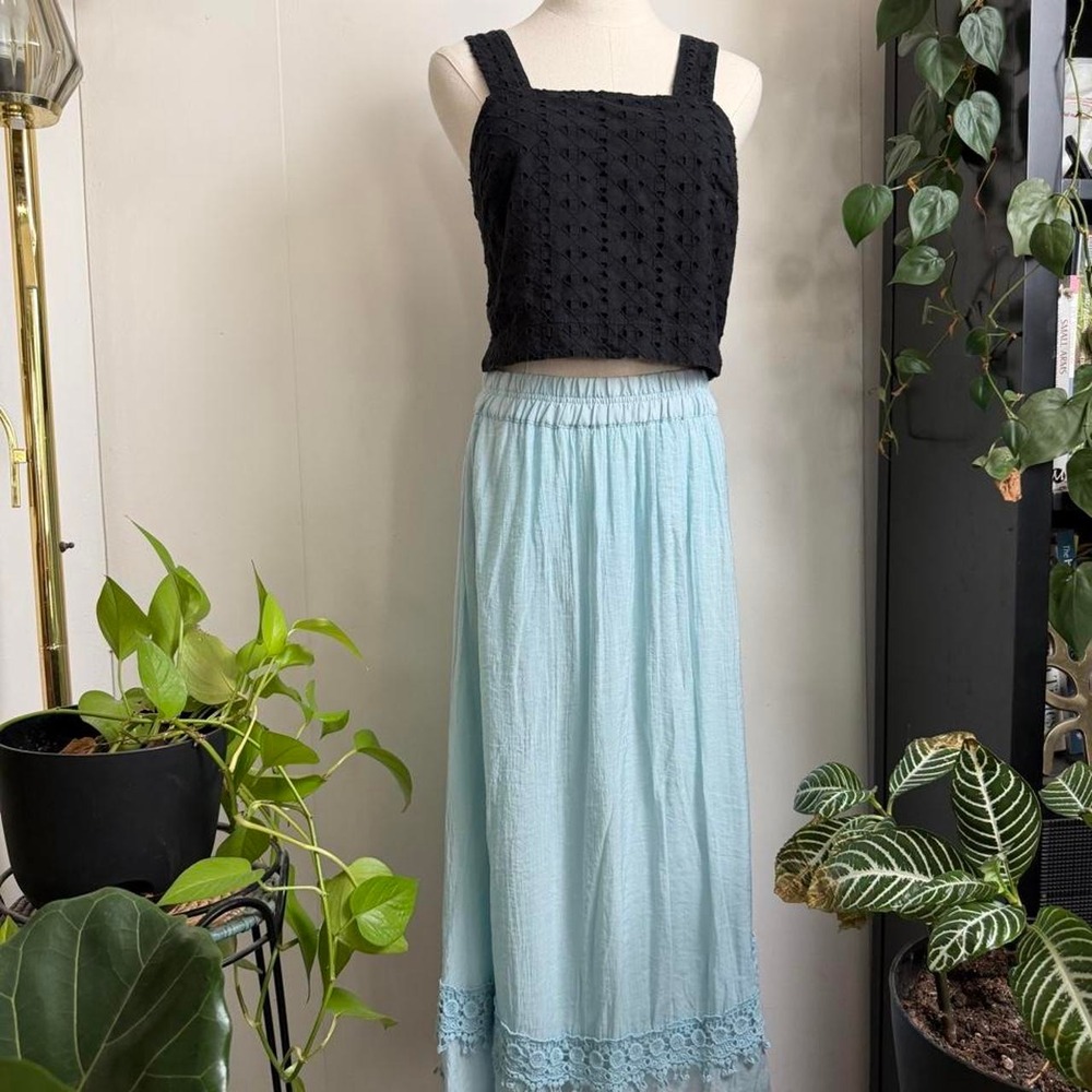 Krazy Womens XXL Teal Blue Lace Trim Tassel Hem Elastic Waist Lined Maxi Skirt